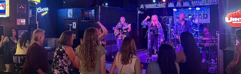Waterside Road rock band performing in front of a crowd in a bar